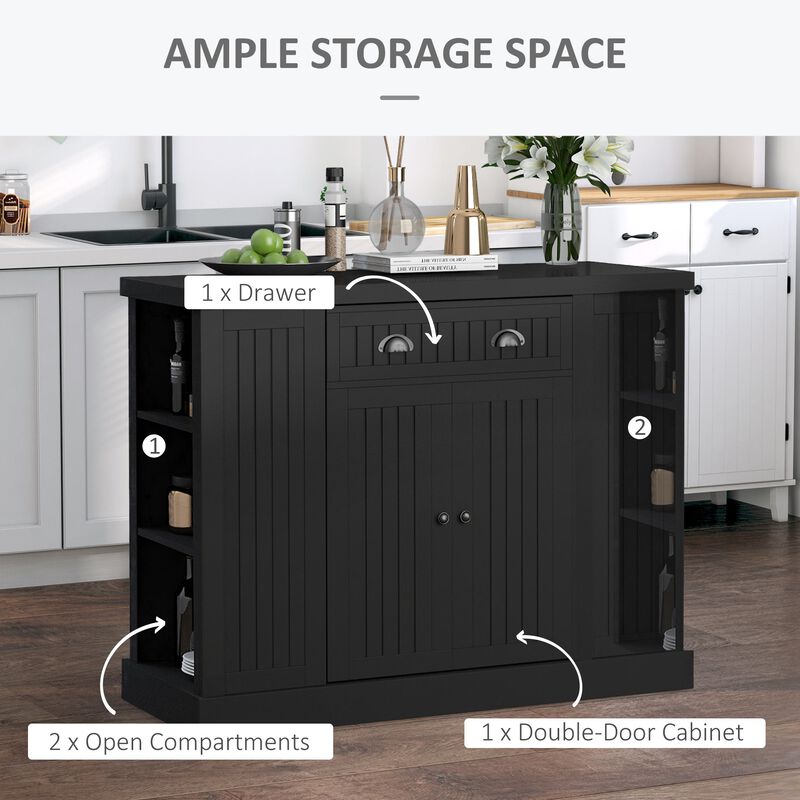 Fluted-Style Kitchen Island, Wooden Storage Cabinet, Rolling Kitchen Island Cart with Draw, Adjustable Shelves and Anti-Toppling Design, Black