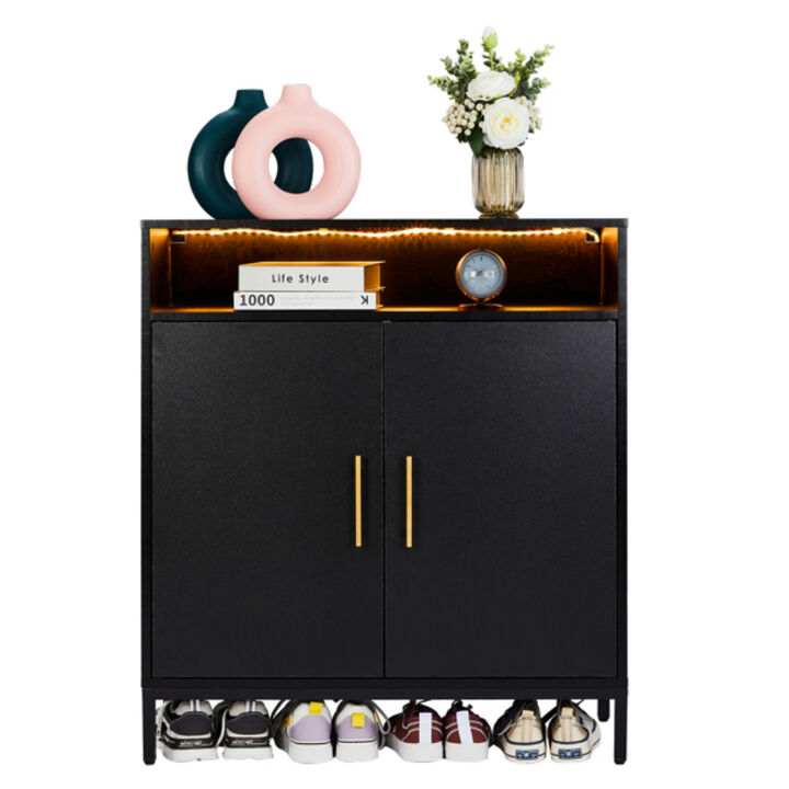 Freestanding Shoe Cabinet with Double Doors, 6 Tiers & Built-in LED Lights for Entryway Storage