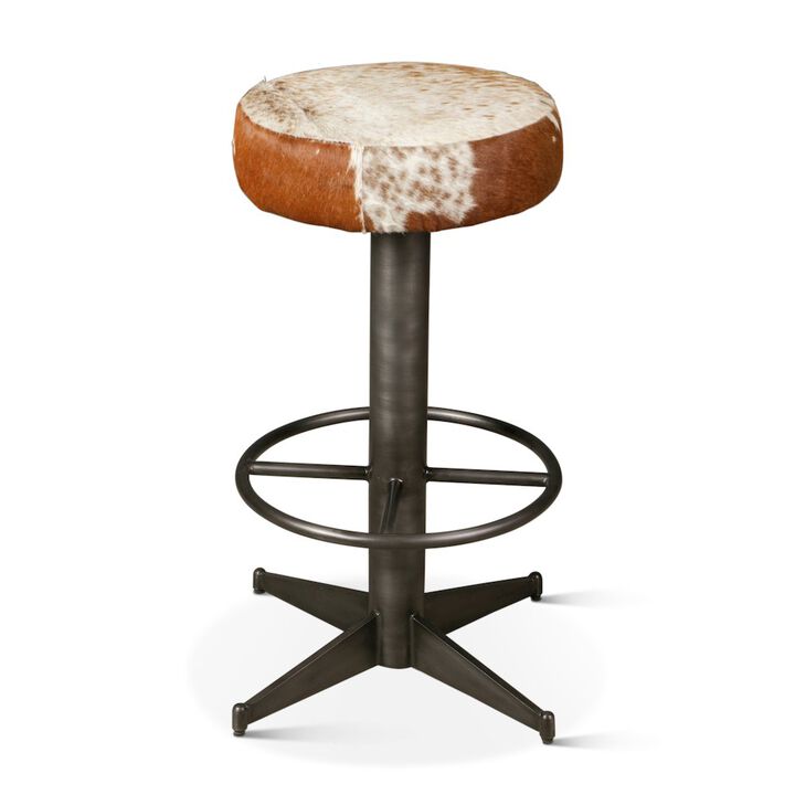 World Interiors Melbourne 16in Brown Cowhide Leather and Iron Bar Stool
