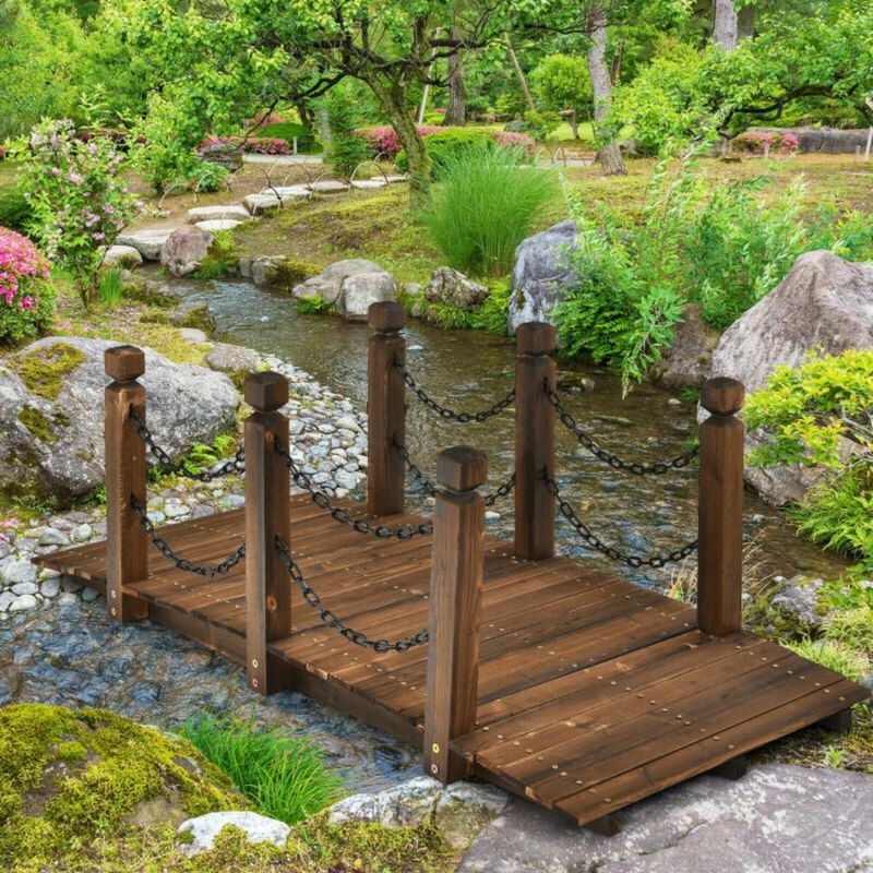 Hivvago 5 Feet Wooden Garden Bridge Arc Footbridge Stained Finish Walkway with Safety Rails