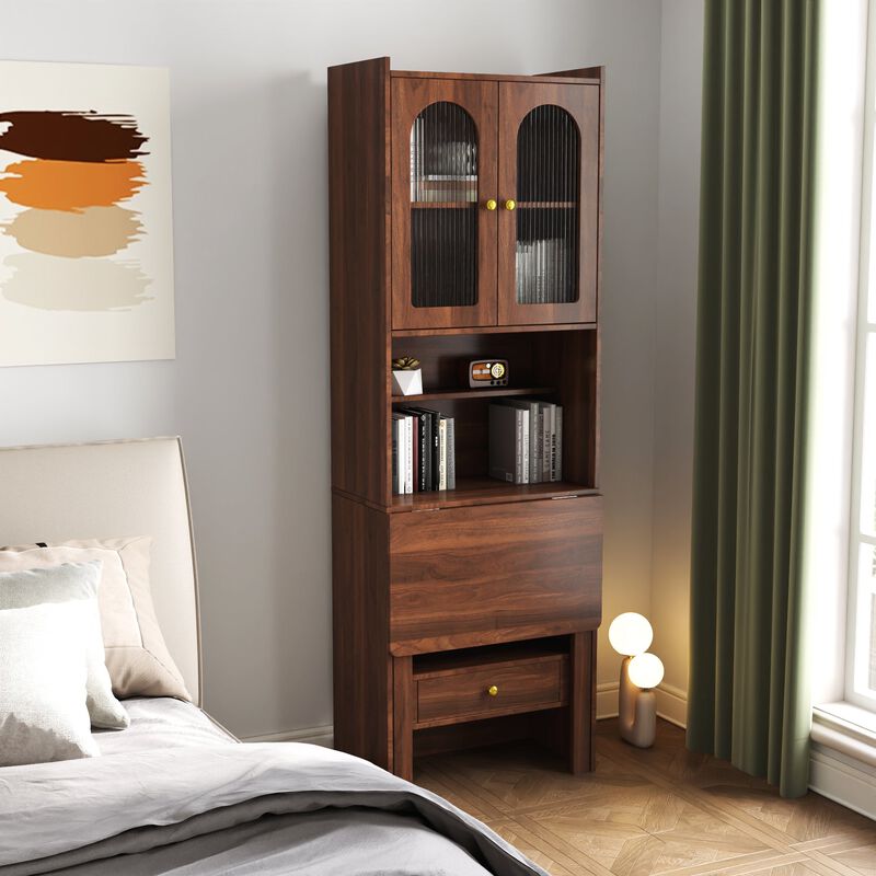 Clihome Fold-Out Convertible Writing Table,Desk Cabinet with Shelf and Drawer Multi-Function Home Office Workstation