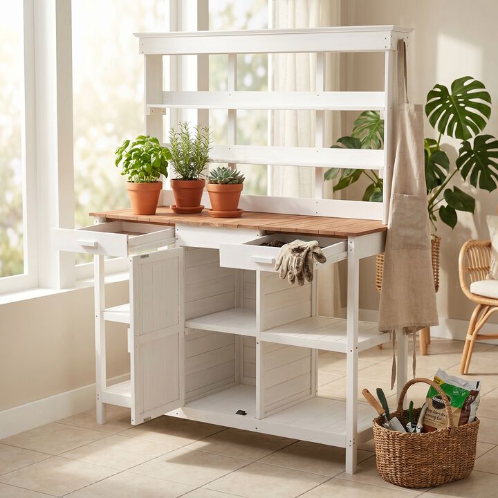Whisen 66" Solid Fir Wood Potting Table, Farmhouse Garden Workstation with 2 Drawers, Cabinet & Open Shelves