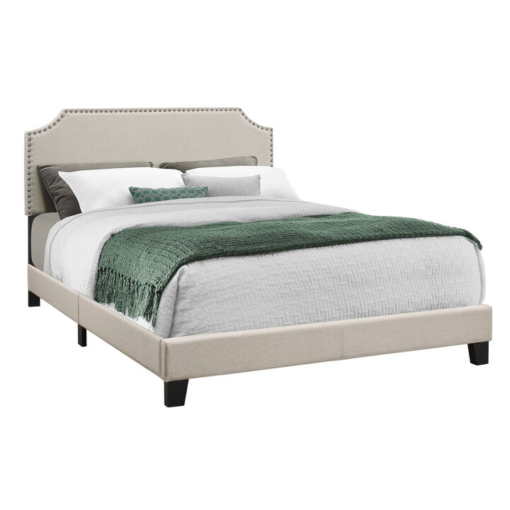 Monarch Specialties I 5926Q Bed, Queen Size, Platform, Bedroom, Frame, Upholstered, Linen Look, Beige, Black, Transitional
