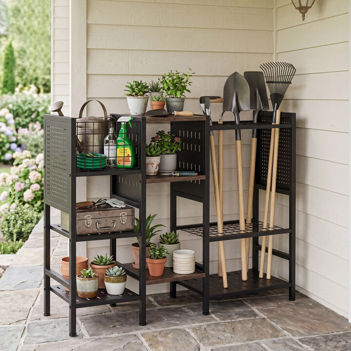 Wooden Garden Tool Organizer with Shelves for Garage, Shed and Utility Room
