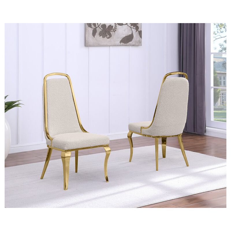 Best Quality Furniture 9Pc Tempered Glass Dining Set With 8 Cream Boucle Side Chairs And A Gold Base