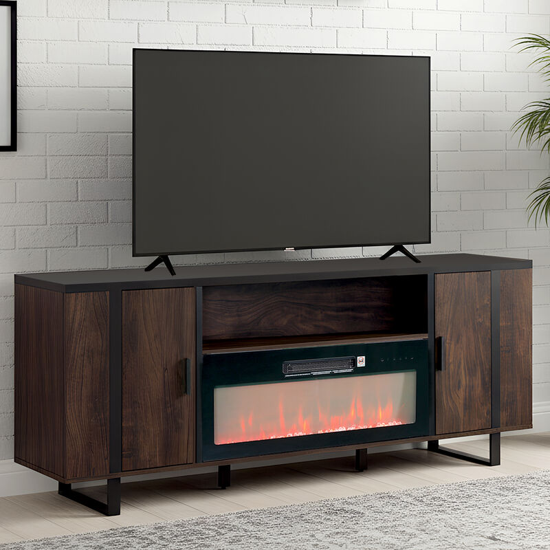 72" Modern Brown TV Stand with 36" Insert Electric Fireplace Heater,  Entertainment Center with Storage Cabinet for TV up to 75"