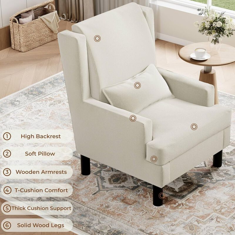 2 Pcs Upholstered Wingback Accent Chair, Modern Reading Armchair for Living Room, Bedroom, White image number 3