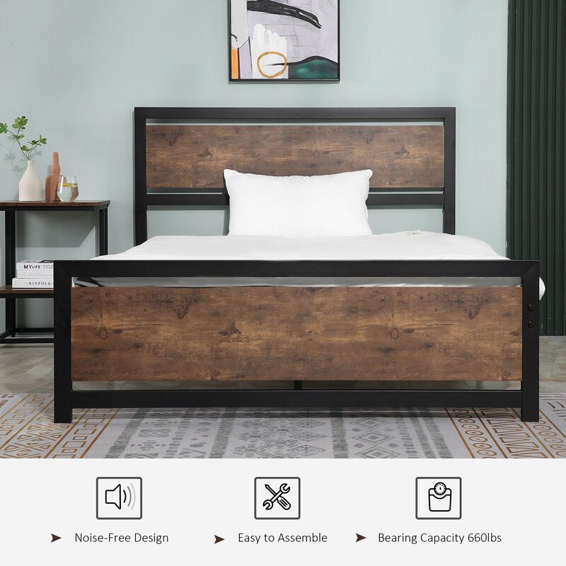 Full Bed Frame with Headboard & Footboard, Strong Slat Support Twin Size Metal Bed, Underbed Storage Space