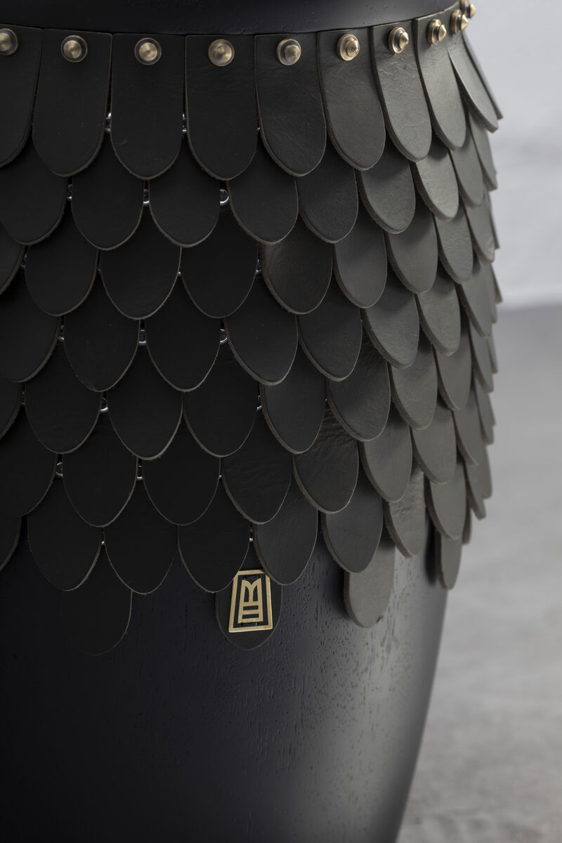 SITIERA_01 Solid Wood Stool, with Olivo Thick Leather Accents, and Aged Bronze by ANDEAN, In Stock