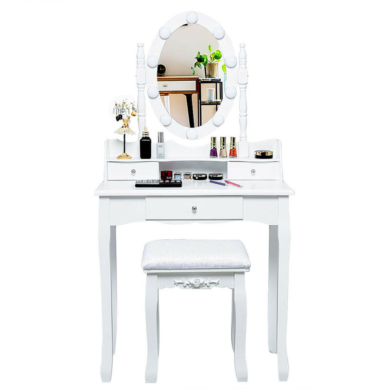 Vanity Set with Oval LED Mirror, 10 Dimmable Bulbs & 3 Drawers