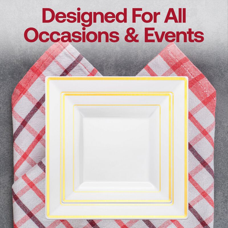 9.5" White with Gold Square Edge Rim Plastic Dinner Plates (120 Plates) image number 6