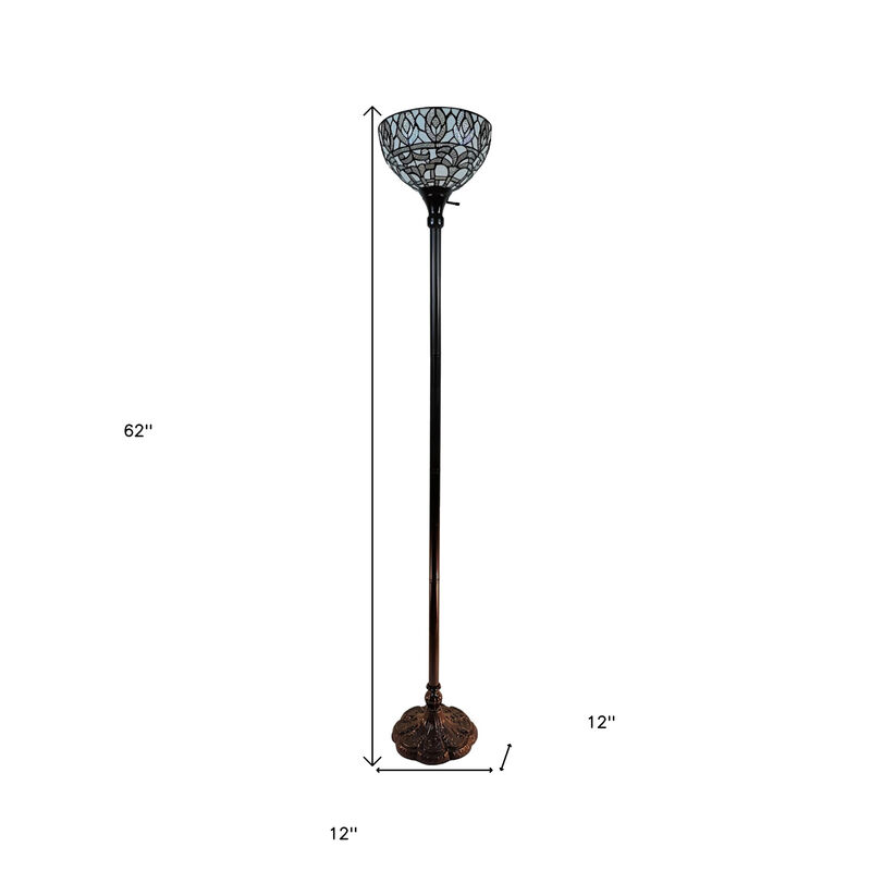 Hivvago 62" Brown And White Torchiere Floor Lamp With White Peacock Feather Glass Dome Shade