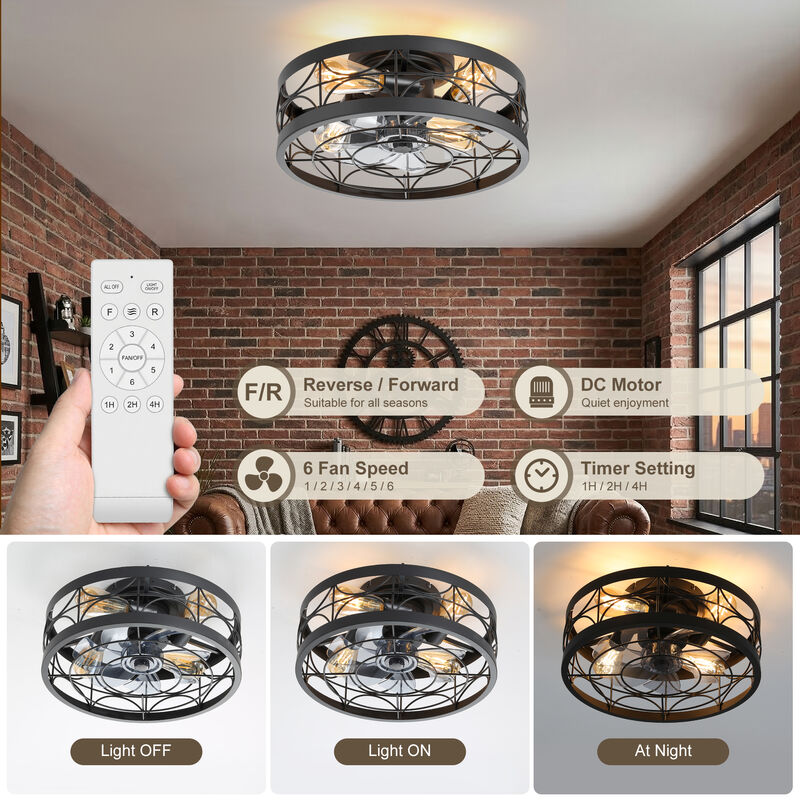 Breezary 16.5" Vintage Cage Ceiling Fan with Light, 7 Blades, 6 Speed, Low Profile Flush Mount, Reversible Airflow image number 3