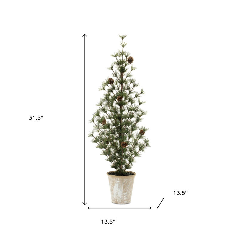 HomeRoots Set of Two 32" Mini Artificial Pine Trees With Pinecones In Rustic Brown Pots image number 4