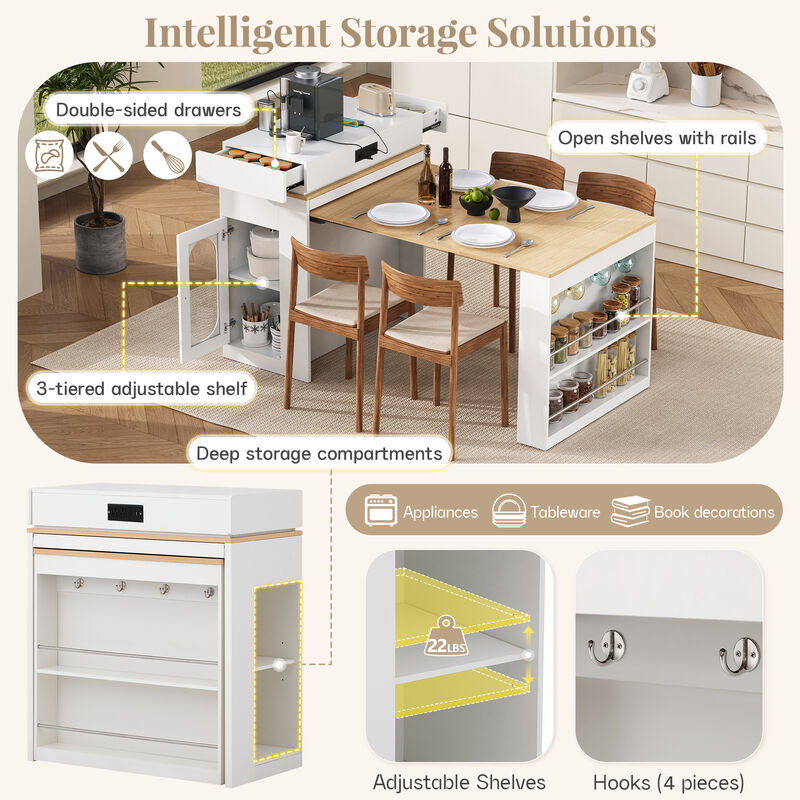 Whisen Extendable Dining Table 57.7"x32.7", Glass & MDF, w/Drawers, Power Outlet, Kitchen Island on Wheels image number 6