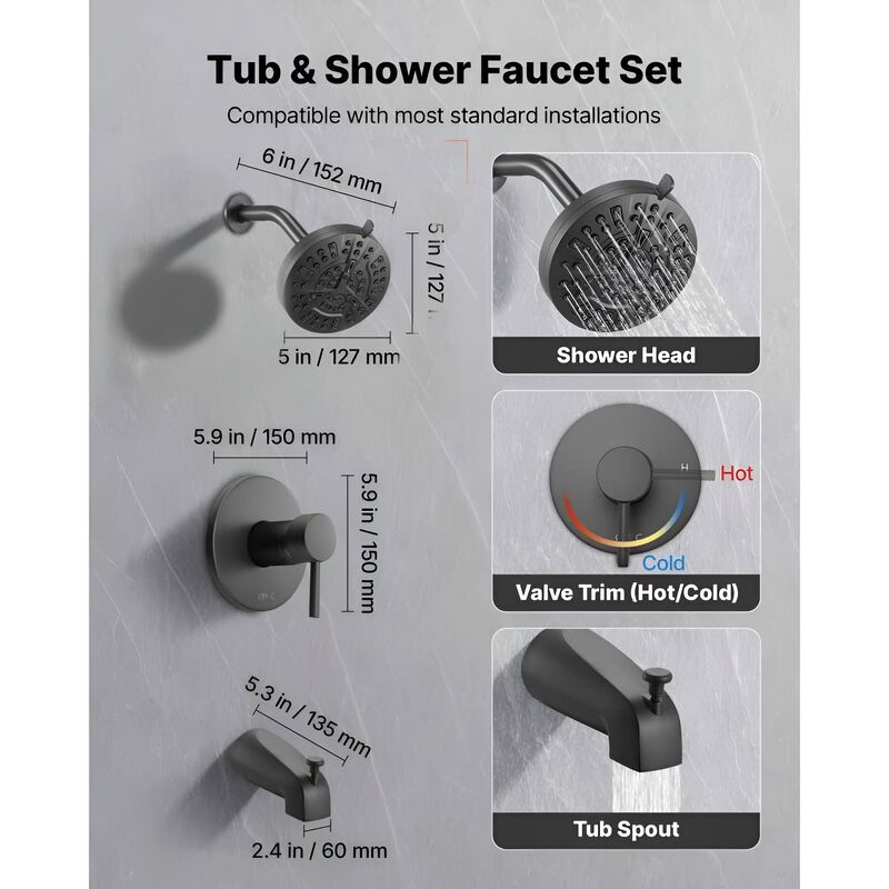 Complete Tub Shower Set with Rainfall Head, Handheld Spray and Tub Spout image number 7