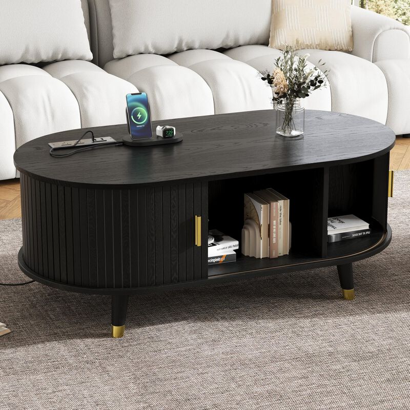 Merax Wooden Oval Fluted Coffee Table with Charging Station