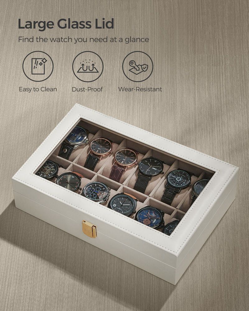12-Compartment Watch Case with Large Glass Viewing Lid for Stylish Organization