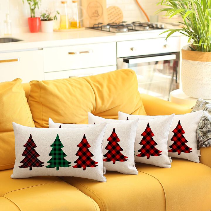 Homezia Set of 4 Christmas Tree Trio Plaid Lumbar Throw Pillows