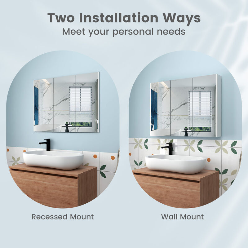 Frameless Bathroom Wall Mounted Mirror Cabinet with 3 Doors and Adjustable Shelves