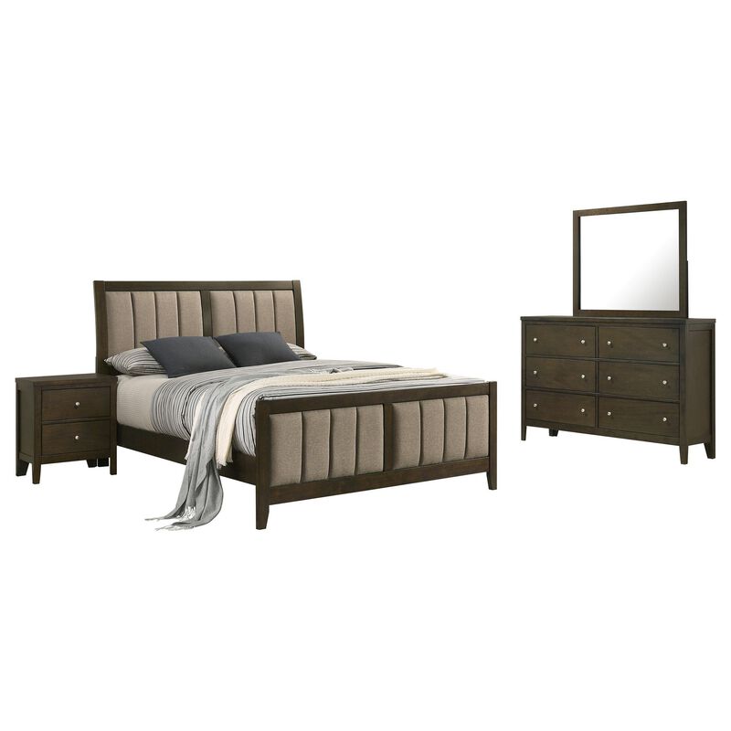 Wily 4pc Full Size Bedroom Set, Dresser Mirror, Dark Brown Upholstery - Benzara image number 0
