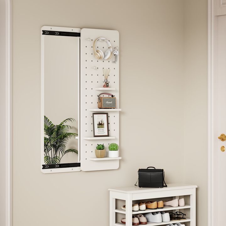 ELEMENT ACE Wall-Mounted Full Length Mirror with Sliding Panel, Multi-Functional Storage Shelves & Hooks, Space Saving for Bedroom, Living Room, Entryway