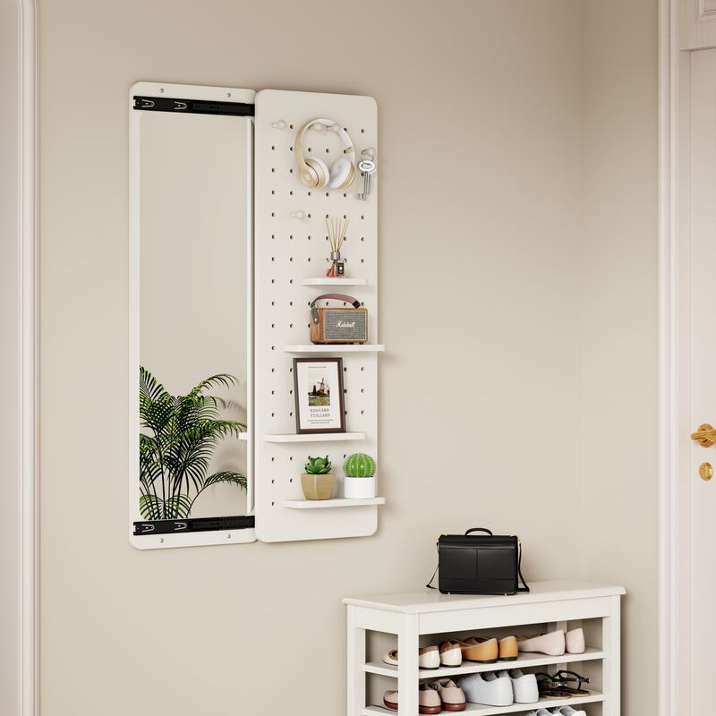 ELEMENT ACE Wall-Mounted Full Length Mirror with Sliding Panel, Multi-Functional Storage Shelves & Hooks, Space Saving for Bedroom, Living Room, Entryway image number 1