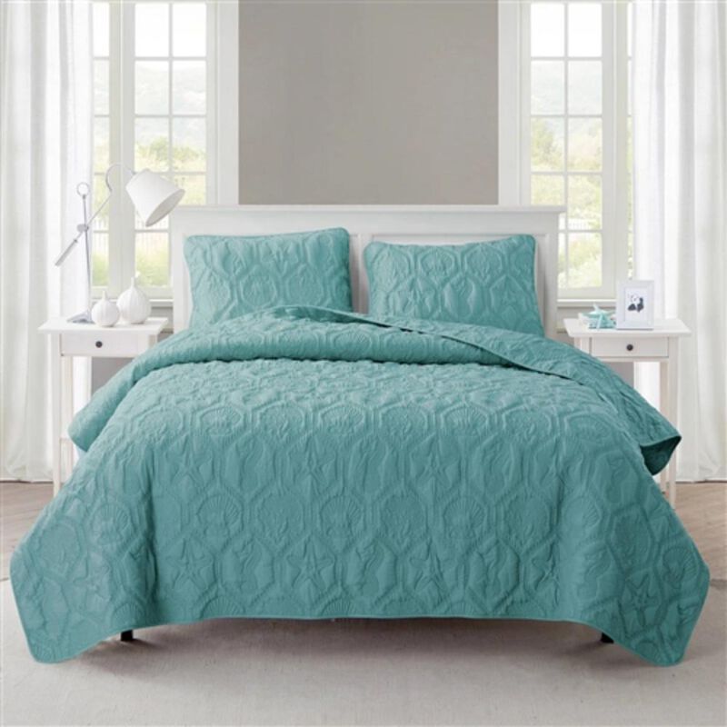 Hivvago King Coastal Beach Starfish Seashell Seahorse Aqua Blue Teal 3-Piece Quilt Set