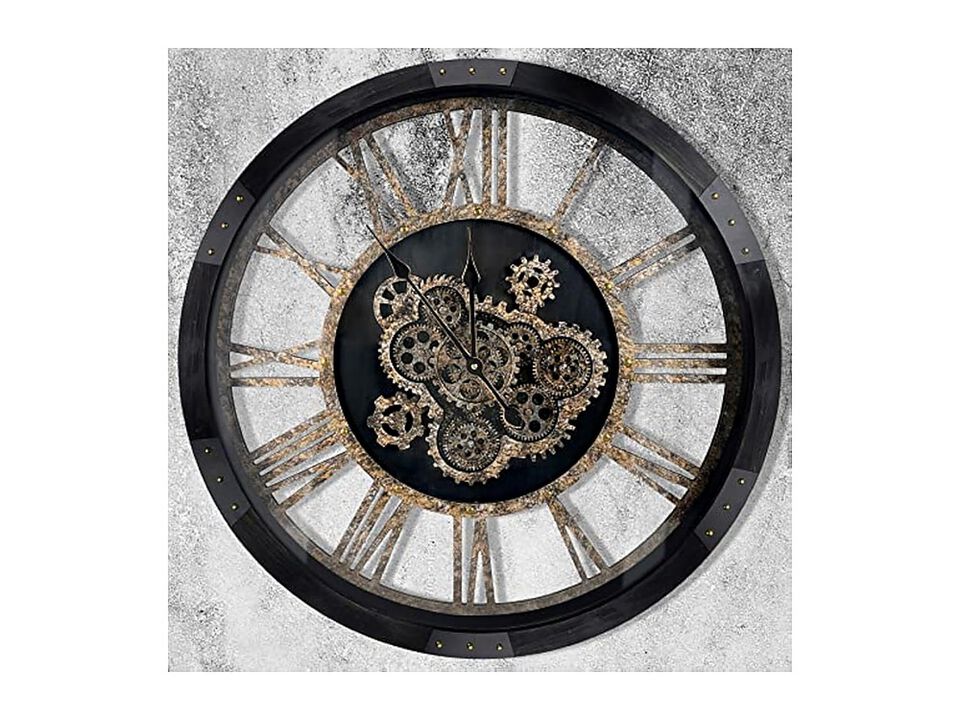 Real Moving Gears Toughened Glass Solid Wall Clock 27 Inch Wood Black Rustic