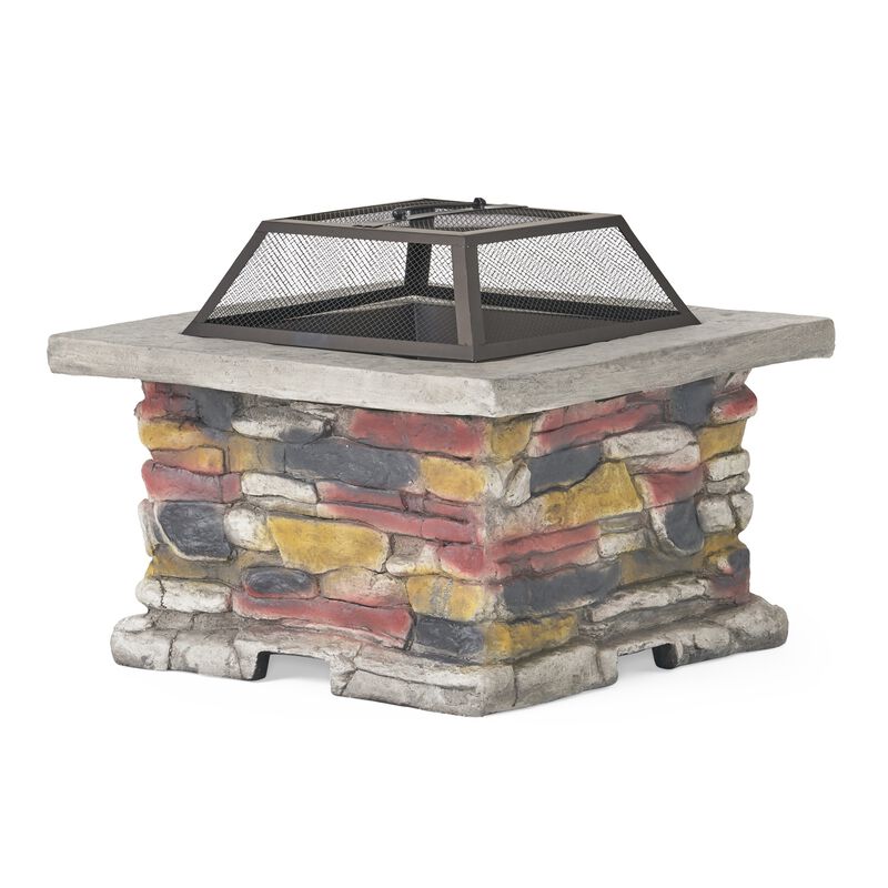 Mondawe 28.50 Inch Square Natural Stone Outdoor Patio Fire Pit with Spark Screen and Poker