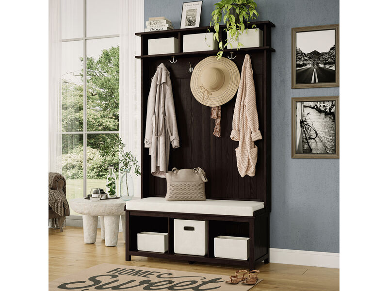 Solid Wood Hall Tree Entryway Bench with 1 Bin & 8 Pair Shoe Dividers