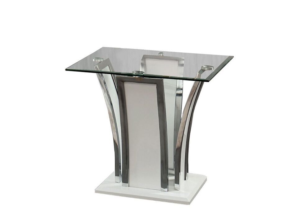 Chrome Trim Flared Base End Table with Glass Top, White and Silver-Benzara