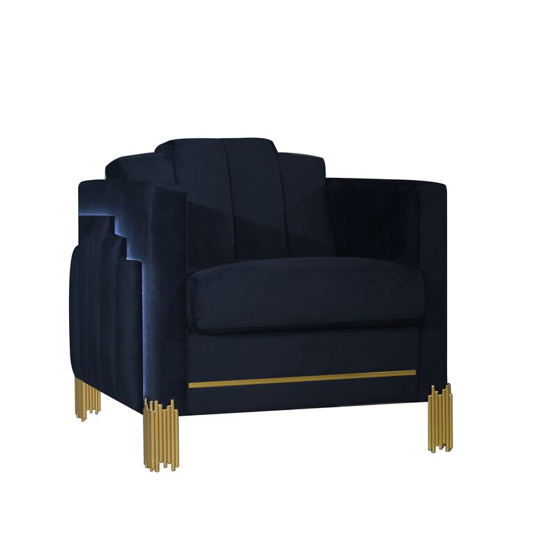 Theo Accent Chair, Black Velvet, Blue LED Lights, Gold Metal Legs - Benzara