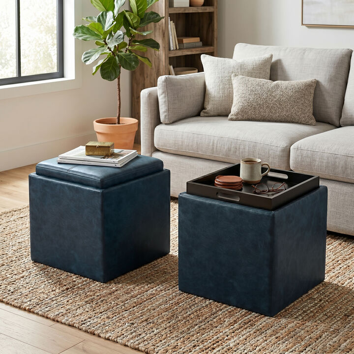 Rockwood 17 inch Wide Contemporary Square Cube Storage Ottoman with Tray in Distressed Dark Blue Vegan Faux Leather, Assembled