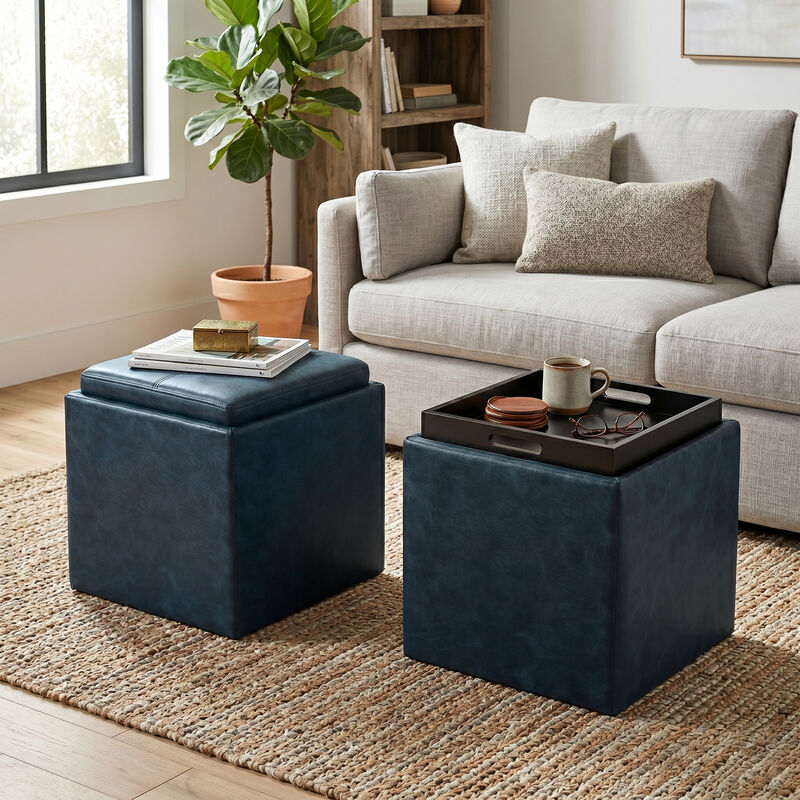 Rockwood 17 inch Wide Contemporary Square Cube Storage Ottoman with Tray in Distressed Dark Blue Vegan Faux Leather, Assembled image number 1