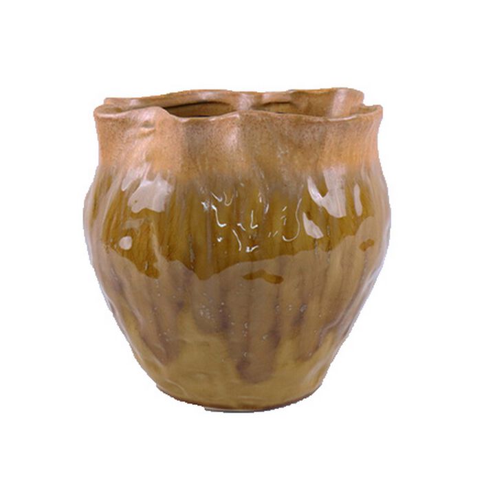 Balie Accent Vase, Brown Ceramic, Irregular Top Edge, Modern 10 Inch - Benzara