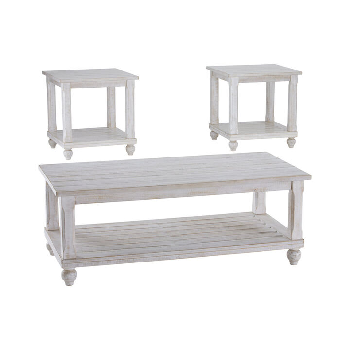 Plank Style Wooden Table Set with Slatted Lower Shelf and Bun Feet, Set of Three, White-Benzara