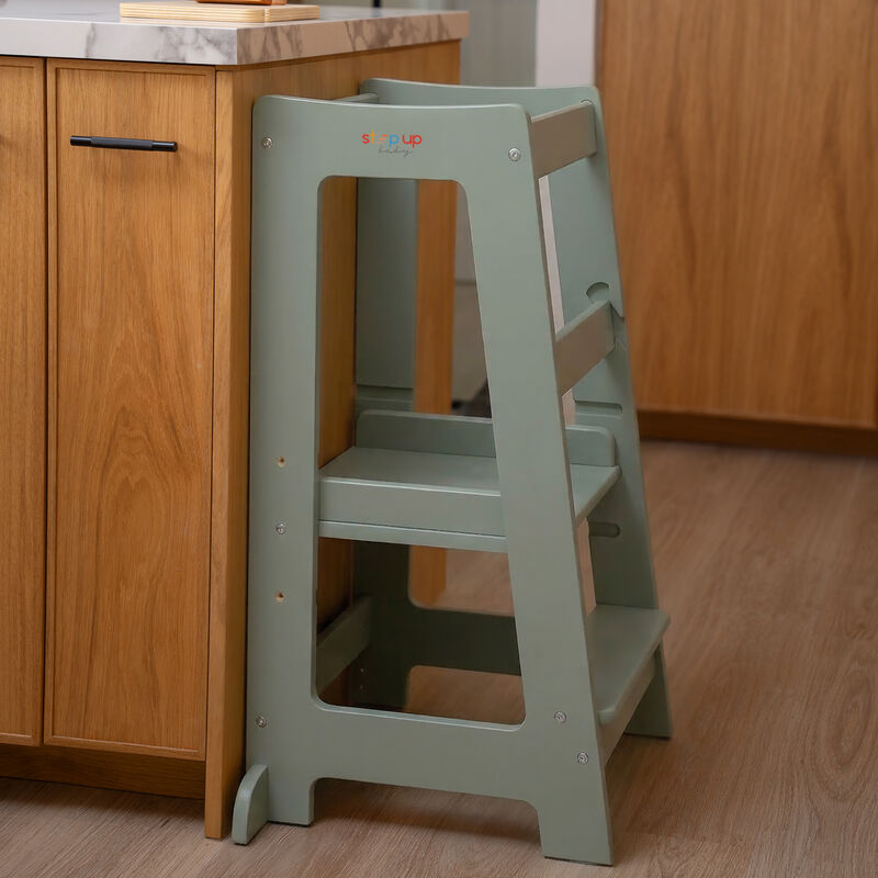 Stepup Baby&reg; Adjustable Toddler Tower - Green Wooden Step Stool for Kids | Toddler Standing Tower with Child-safe Chopper & Chopping Board for 18M-4Y image number 7