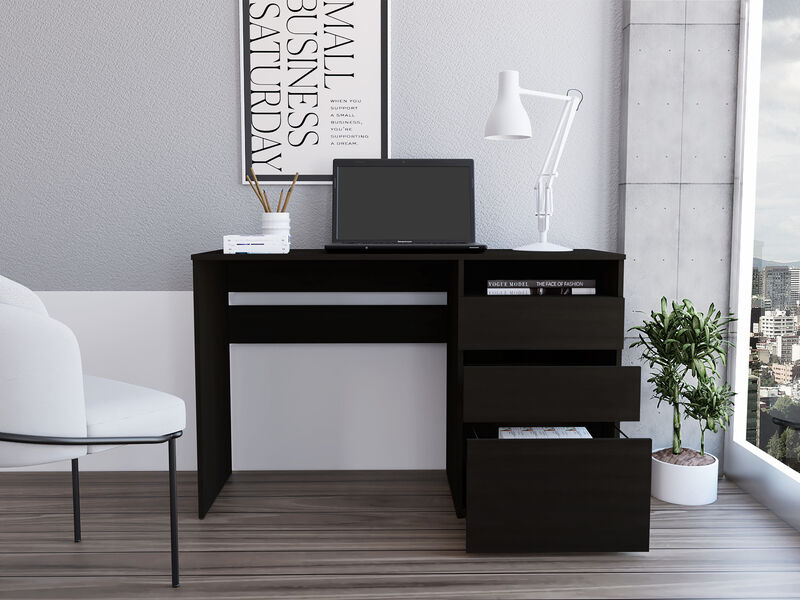 DEPOT E-SHOP Kenai 3 Drawers Computer Desk, One Shelf, Black
