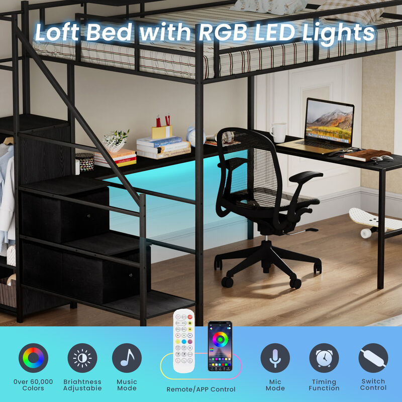 Loft Bed with Desk, LED Lights, Wardrobe & Drawers &ndash; Metal Frame for Bedroom
