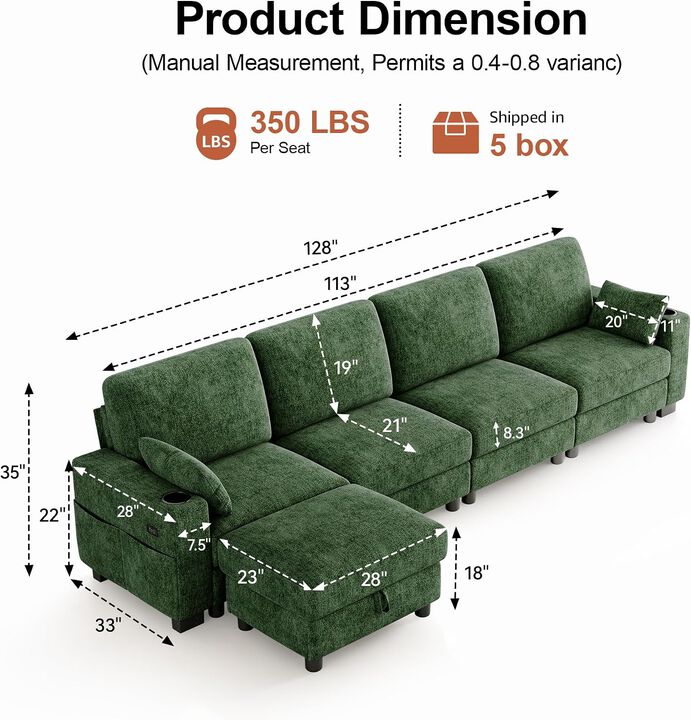 Vipbear 128 Inch Modular Sectional Sofa, Comfy Chenille 5 Seater L Shaped Cloud Couch with Ottoman