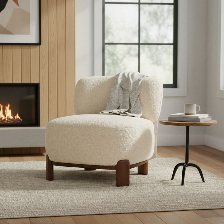 Boucle Accent Chair with Wood Base, Ivory