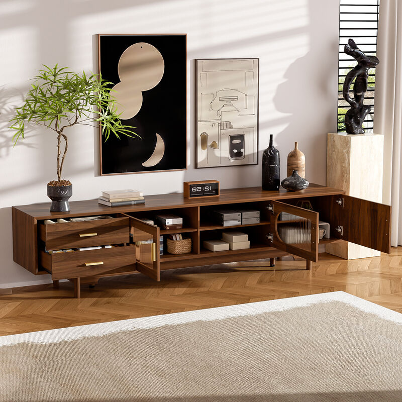Merax Entertainment Center with Fluted Glass Display, 2 Smooth Drawers, Cable Management image number 2