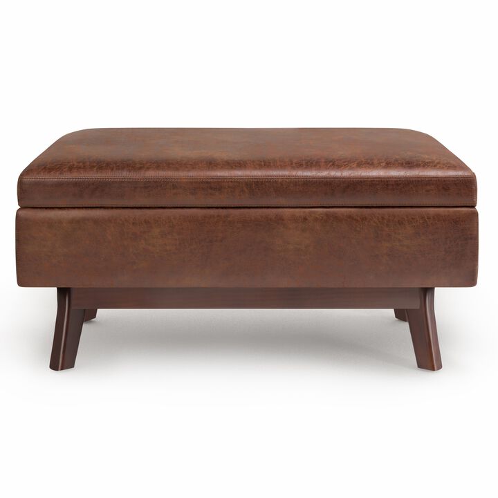 Owen Small Rectangular Storage Ottoman in Distressed Saddle Brown Faux Air Leather