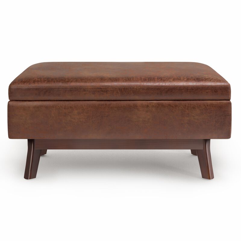 Owen Small Rectangular Storage Ottoman in Distressed Saddle Brown Faux Air Leather