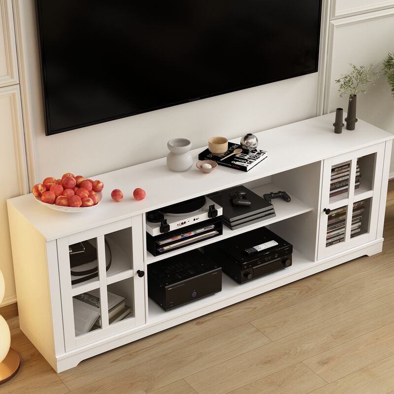 White Wooden TV Stand Fits TV's up to 75 in. with Open Shelves and Tempered Glass Door Cabinet