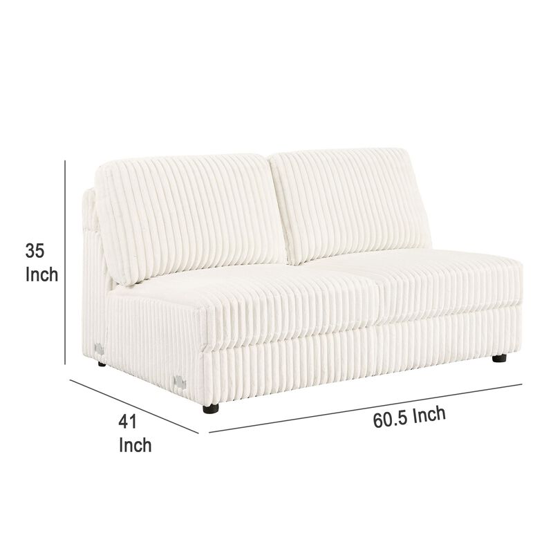 Sono Modular Armless Loveseat, 60 Inch, Ivory Fabric Channel Tufting - Benzara