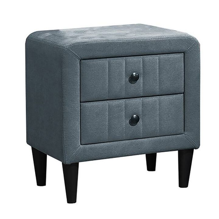 Rheo Nightstand, 2 Drawer, 22 Inch Slate Gray Brushed Linen Upholstery - Benzara
