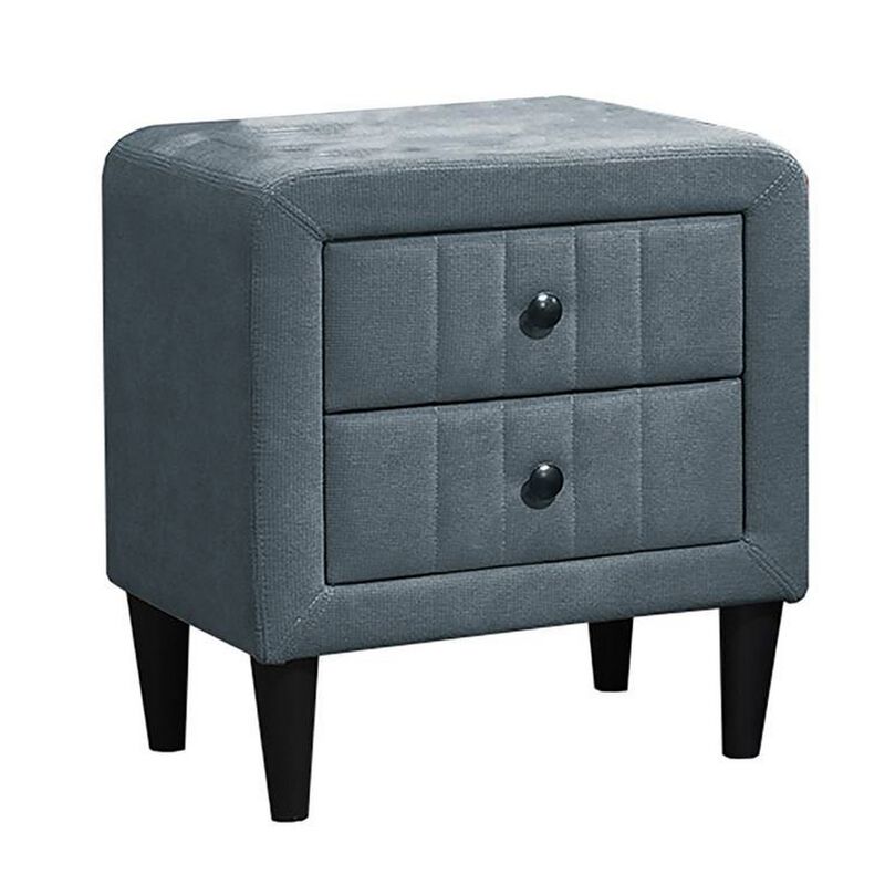 Rheo Nightstand, 2 Drawer, 22 Inch Slate Gray Brushed Linen Upholstery - Benzara