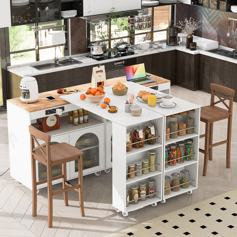 Rolling Kitchen Island With Extended Table, Kitchen island on Wheels with LED Lights,Power Outlets and 2 Fluted Glass Doors, Kitchen Island with a Storage Compartment and Side 3 Open Shelves